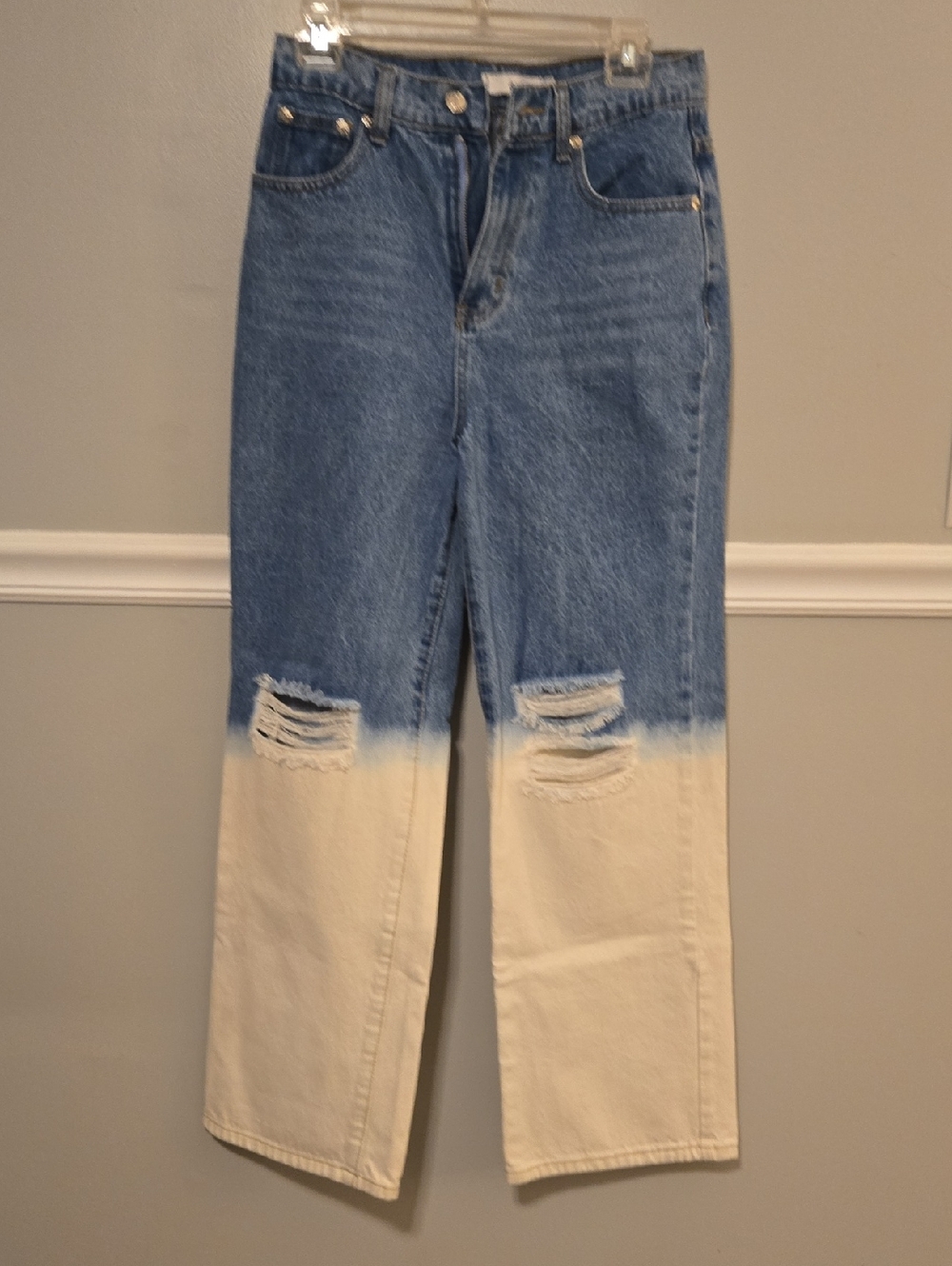 Adika Two-Tone Blue and Cream Flare Jeans with Distressed Knees